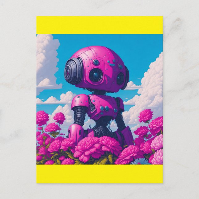 pink robot in pink flowers postcard (Front)