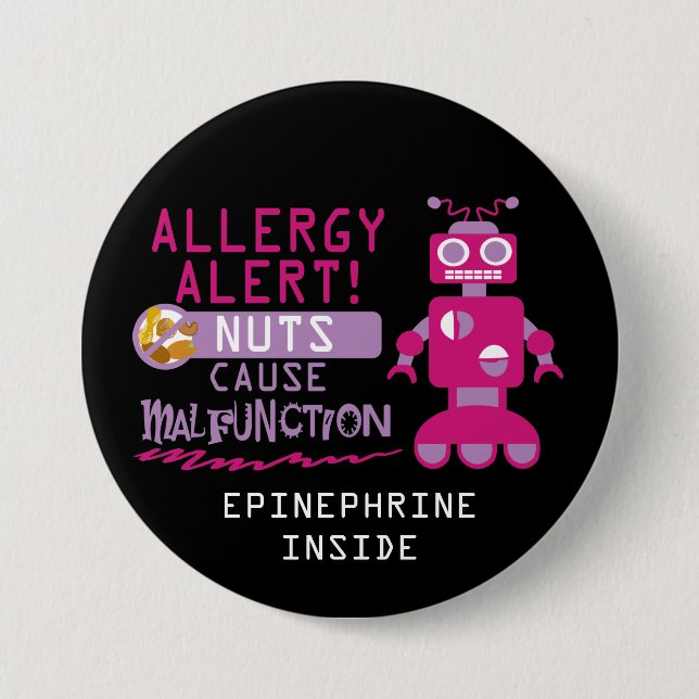 Pink Robot Nut Allergy Alert Girls Personalized 3 Inch Round Button (Front)