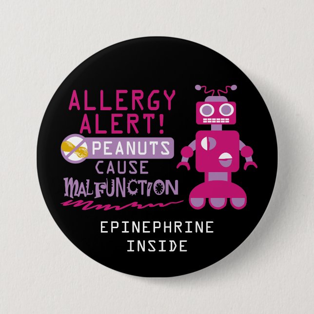 Pink Robot Peanut Allergy Alert Girls Personalized 3 Inch Round Button (Front)
