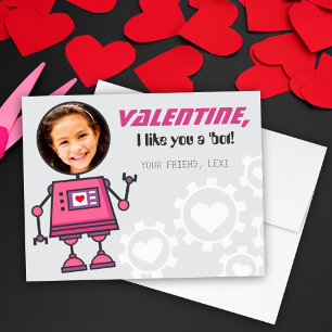 Pink Robot Valentines Day Girl Photo Classroom Holiday Card