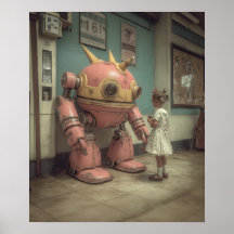 Pink robot young girl illustration vintage retro