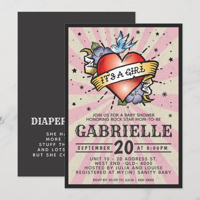 Pink Rock and Roll Tattoo Baby Shower Invitation (Front/Back)