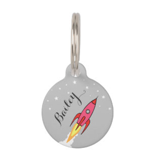 Pink Rocket Outer Space Personalized Name Template Pet Tag
