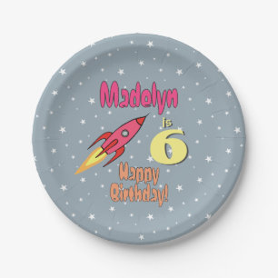 Pink Rocket Personalized Girl Birthday Feminist Paper Plate