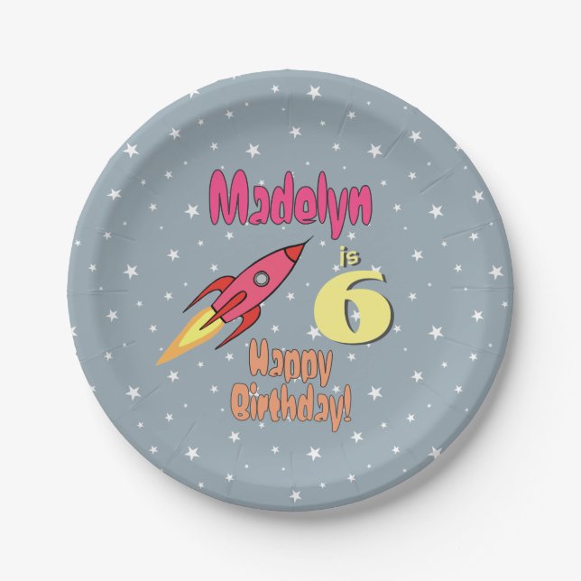 Pink Rocket Personalized Girl Birthday Feminist Paper Plate (Front)
