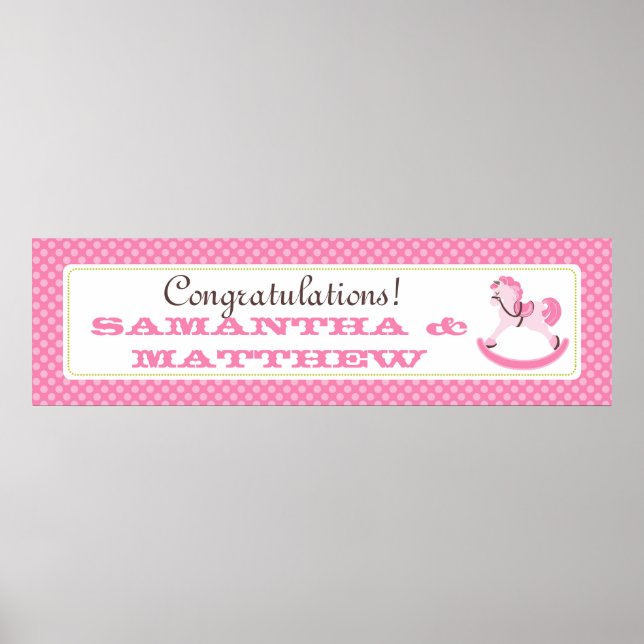 Pink Rocking Horse Baby Shower Banner Poster (Front)