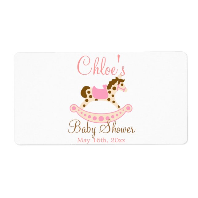 Pink Rocking Horse Baby Shower Water Bottle Label (Front)