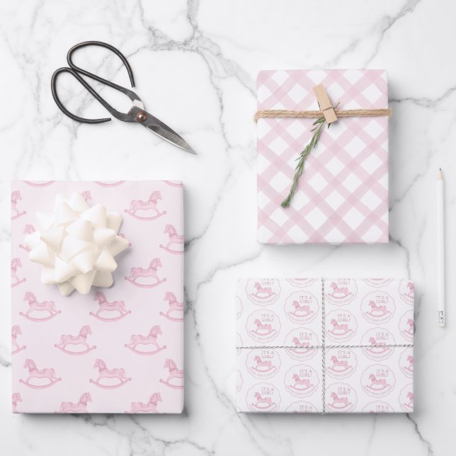 Pink Rocking Horse Baby Shower Wrapping Paper Shee (Front)