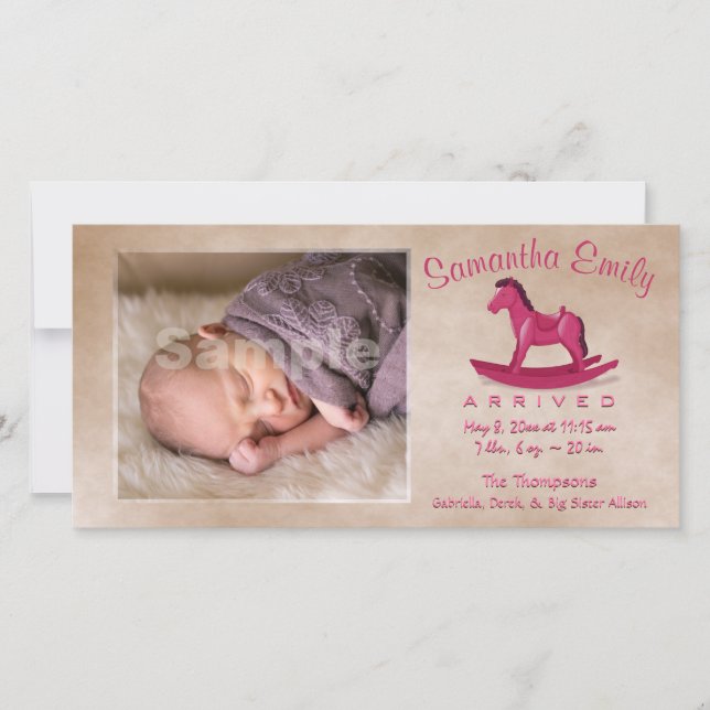 Pink Rocking Horse Birth Announcement (Front)