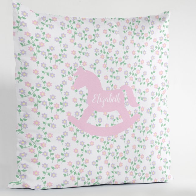 Pink Rocking Horse Floral Throw Pillow (Creator Uploaded)