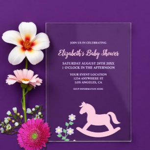 Pink Rocking Horse Girl Baby Shower Acrylic Invitations