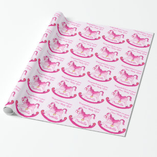 Pink rocking horse new baby girl name pattern wrap wrapping paper