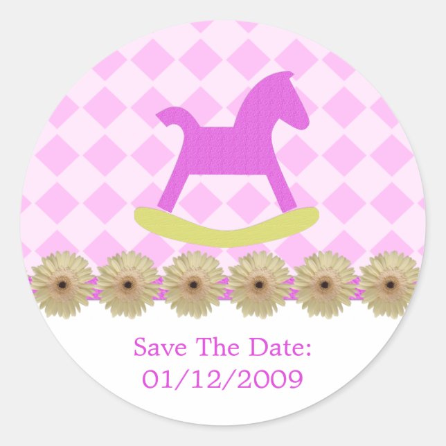 Pink Rocking Horse Stickers Save The Date (Front)