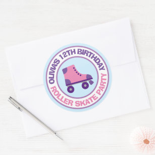 Pink roller skate Birthday party stickers for girl