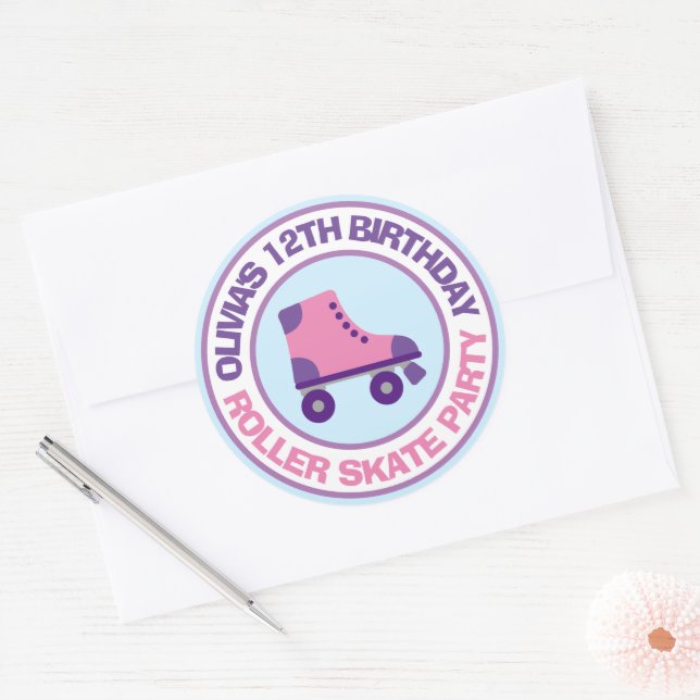 Pink roller skate Birthday party stickers for girl (Envelope)