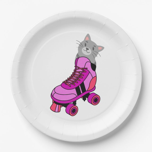 Pink Roller Skate Cat  Paper Plate (Front)