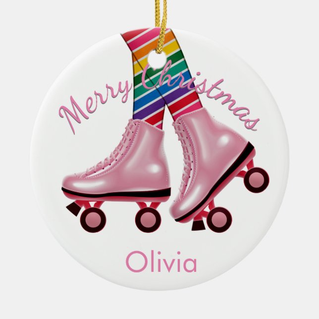 Pink Roller Skate Girl Ceramic Ornament (Front)