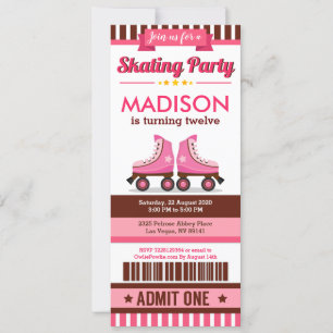 Pink Roller Skate Sport Ticket Pass Birthday Invitation