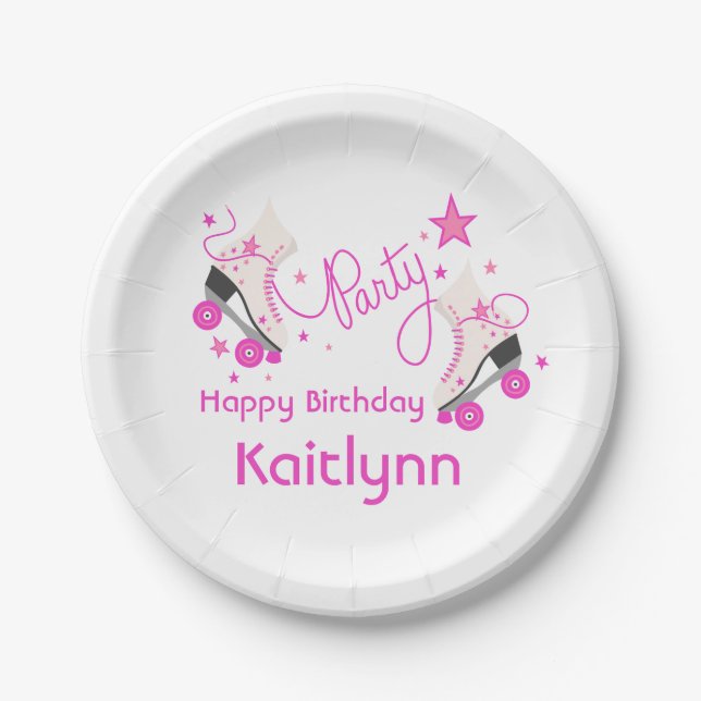 Pink Roller Skates Birthday Party Paper Plate (Front)