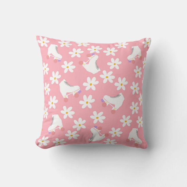 Pink Roller Skates Floral Pink Roller Skater Gift  Throw Pillow (Front)