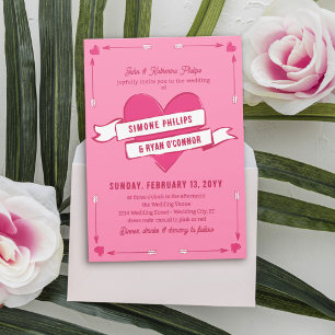Pink Romantic Heart Arrows & Ribbon Casual Wedding Invitation