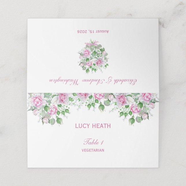 Pink Romantic Roses Wedding Place Card (Outside Unfolded)