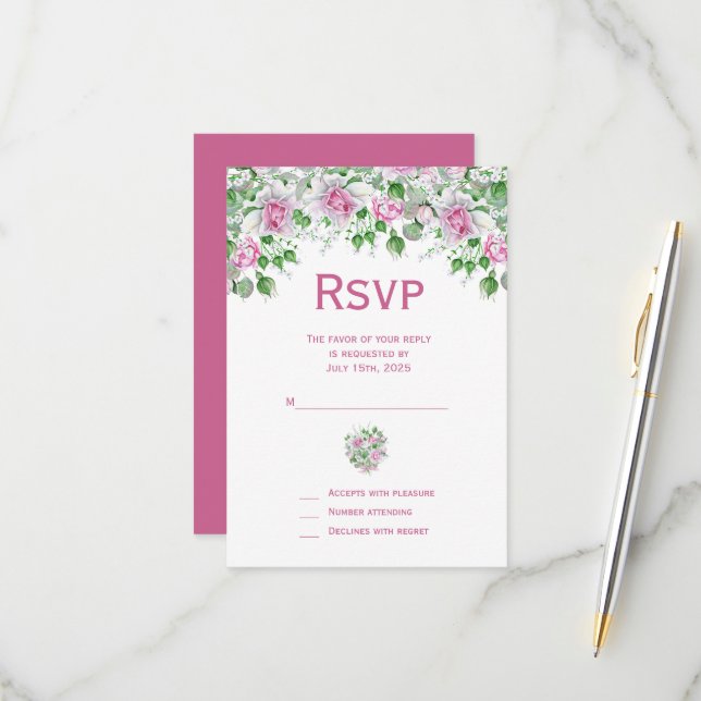 Pink Romantic Roses Wedding RSVP Card (Front/Back In Situ)