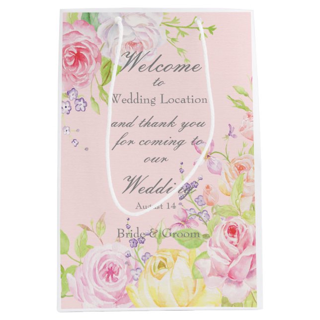 Pink Romantic Watercolor Roses Wedding Medium Gift Bag (Front)