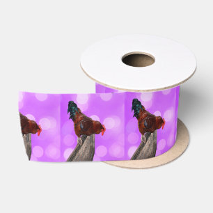 Pink Rooster On A Fence Pattern, Satin Ribbon
