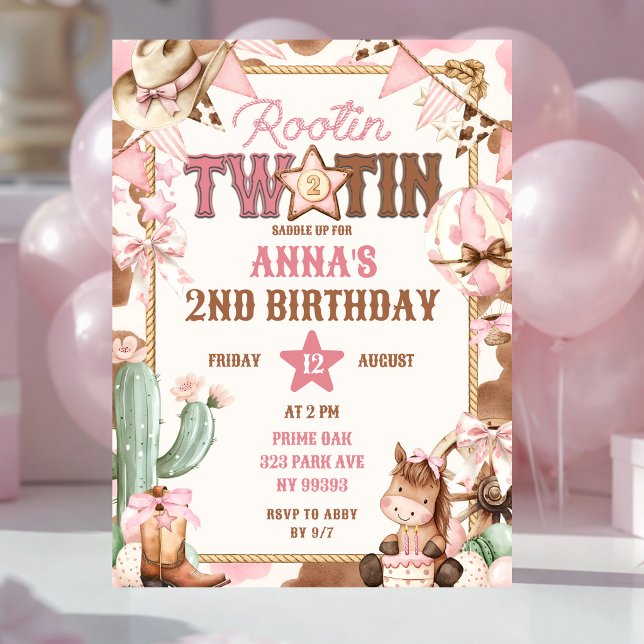 Pink Rootin Two-Tin Second Birthday Invitation (Creator Uploaded)