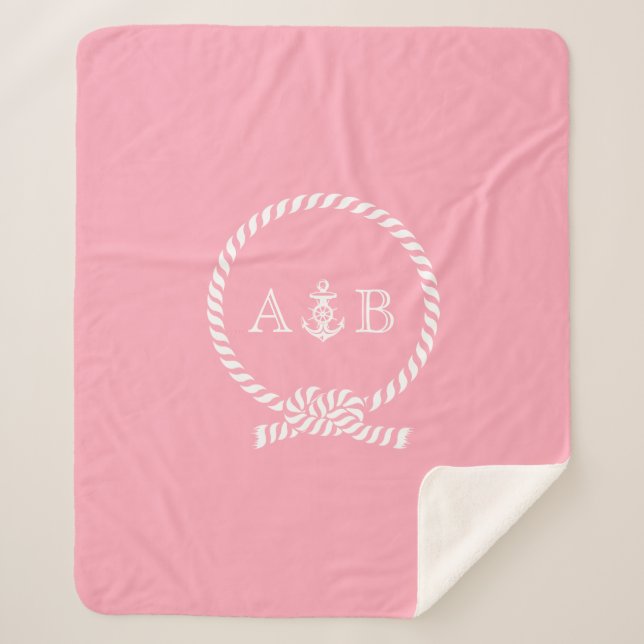 Pink Rope and Anchor Monogrammed Sherpa Blanket (Front)