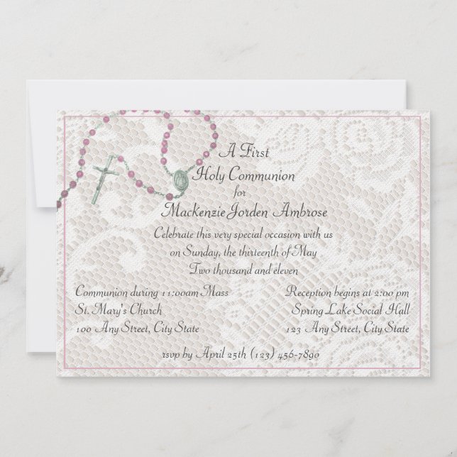 Pink Rosary and Lace Communion Invitation (Front)
