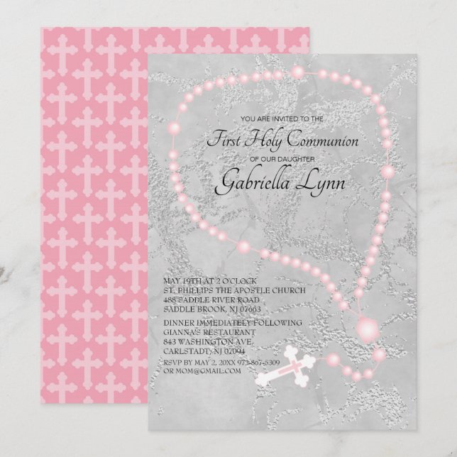 Pink Rosary Beads First Holy Communion Invitation (Front/Back)