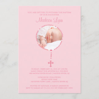 Pink Rosary Cross Photo Baptism Inviation Girl Invitation