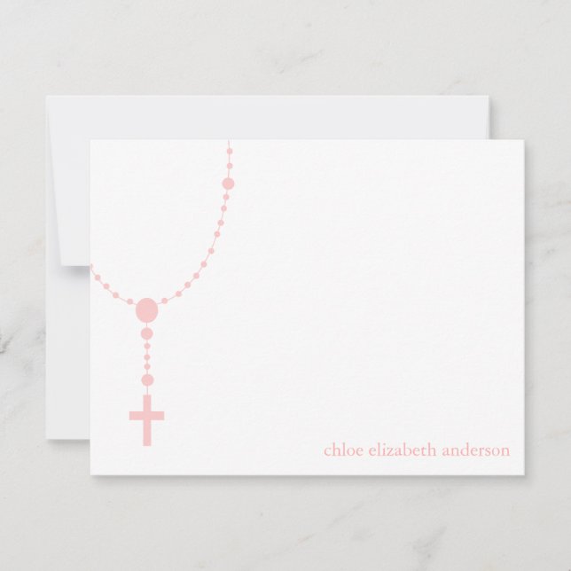 Pink Rosary Custom Baptism Thank You Notes (Front)