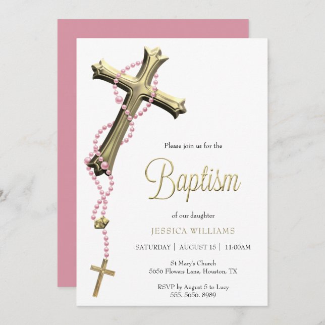 Pink Rosary Decorated Gold Cross Baptism Invitation (Front/Back)