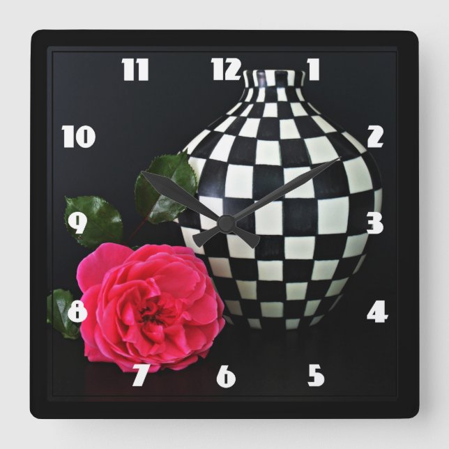Pink Rose and a Chequered Vase Square Wall Clock (Front)