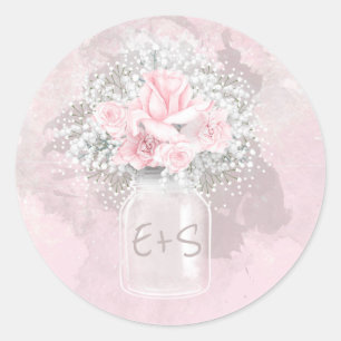 Pink Rose and Baby's Breath Wedding Mason Jar Classic Round Sticker