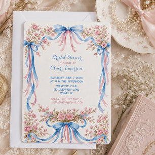 Pink Rose and blue bows vintage Invitation