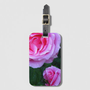 Pink Rose and Bud Luggage Tag w/ leather strap