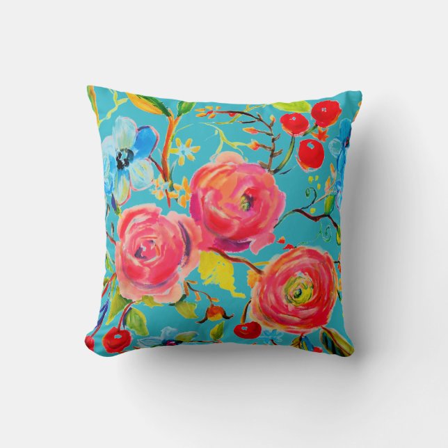 Pink Rose and Cherry Turquoise Customizable Throw Pillow (Front)