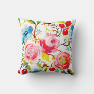 Pink Rose and Cherry White Throw Pillow