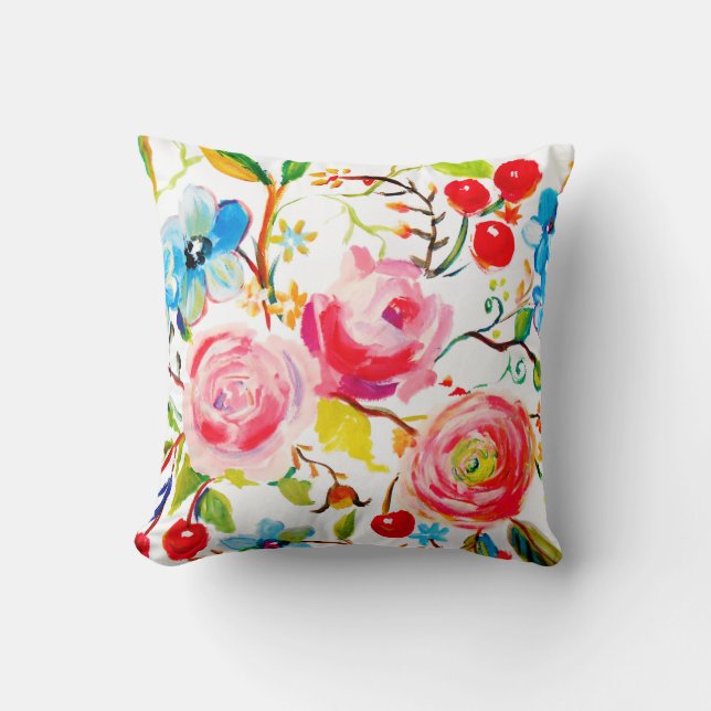 Pink Rose and Cherry White Throw Pillow (Front)