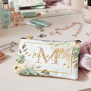 Pink rose and eucalyptus personalized accessory pouch