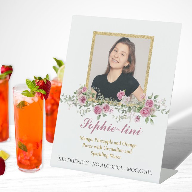 Pink Rose and Gold Floral Drink Menu Photo Sign (Pink and Gold Floral Drink Menu Mocktail Cocktail Featured Special Sign)