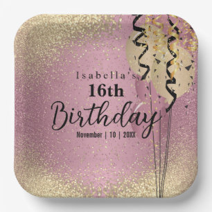 Pink Rose and Gold Glitter Birthday   Paper Plate