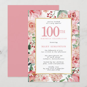 Pink Rose and Hydrangea Floral 100th Birthday Invitation