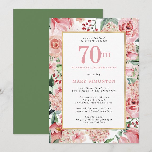 Pink Rose and Hydrangea Floral 70th Birthday Invitation (Front/Back)
