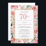 Pink Rose and Hydrangea Floral 70th Birthday Invitation<br><div class="desc">Beautiful pink roses and hydrangea flowers create a very pretty and feminine 70th Birthday invitation. Deep red berries complete the floral display. They are all nestled in sage and mint green leaves. A gold frame surrounds your 70th birthday party details. They are written on a white rectangle to make them...</div>