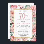 Pink Rose and Hydrangea Floral 70th Birthday Invitation<br><div class="desc">Beautiful pink roses and hydrangea flowers create a very pretty and feminine 70th Birthday invitation. Deep red berries complete the floral display. They are all nestled in sage and mint green leaves. A gold frame surrounds your 70th birthday party details. They are written on a white rectangle to make them...</div>